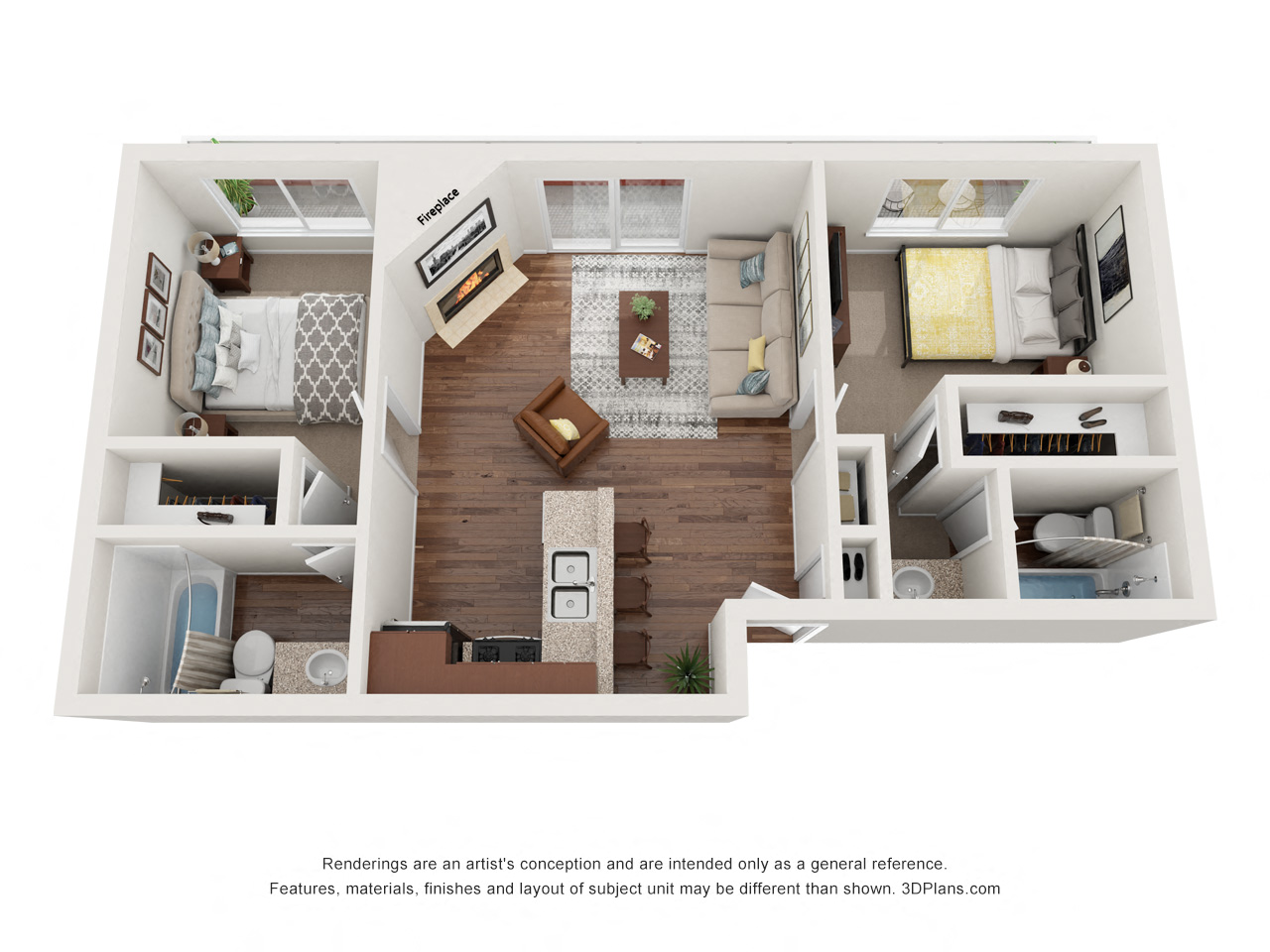 Floor plan for 2 beds, 2 baths, 1000 sqft